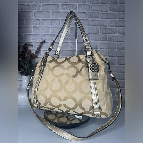 Coach Op Art Alexandra Satchel F15275 Beige Handbag shoulder strap EUC zip close - Picture 1 of 12